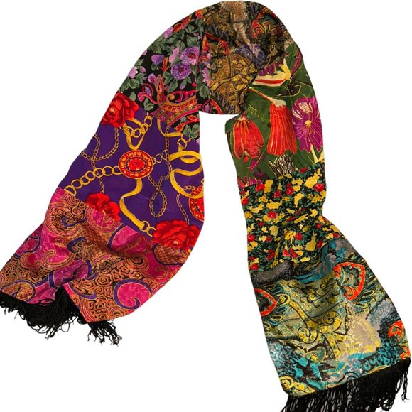 Vintage 80s Vibrant very cool rich Baroque floral print fringe scarf wrap - Picture 5 of 5